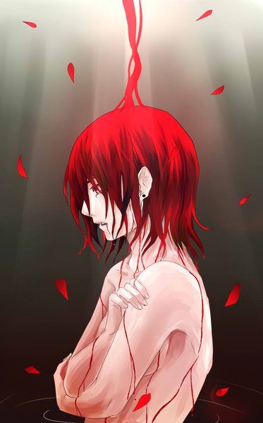 Anime picture 1181x1900 with original bejo (id-4884835) single tall image short hair open mouth light erotic red eyes looking away red hair nude teeth piercing boy petals water blood