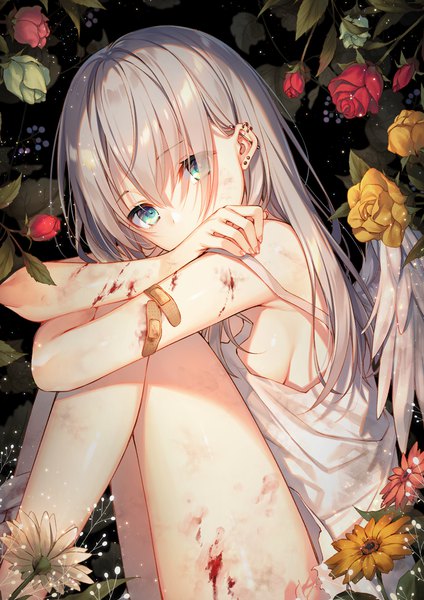 Anime picture 868x1228 with original ciel (toosaka asagi) toosaka asagi single long hair tall image looking at viewer fringe breasts light erotic hair between eyes sitting bare shoulders silver hair bent knee (knees) head tilt aqua eyes hair over one eye no bra bare legs