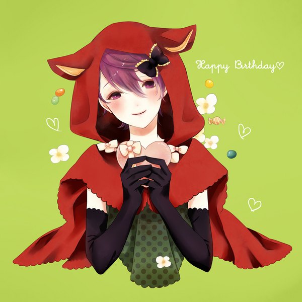 Anime picture 880x880 with little red riding hood lucky dog giulio di bondone komichi96 single looking at viewer blush fringe short hair simple background smile hair between eyes purple eyes purple hair upper body head tilt happy birthday green background boy gloves