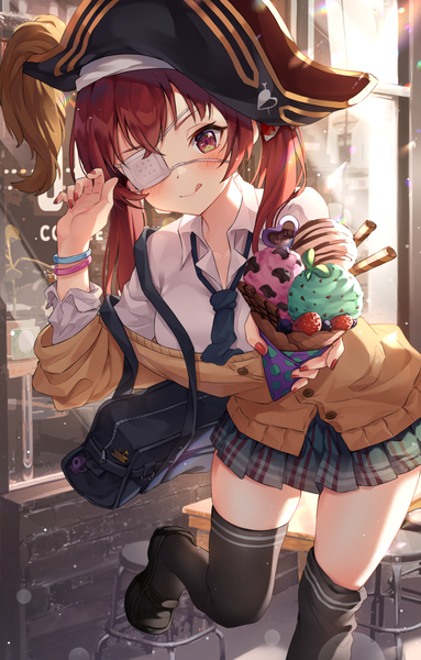 Anime picture 1298x2035 with virtual youtuber hololive houshou marine pruding single long hair tall image looking at viewer blush fringe smile hair between eyes red eyes standing twintails holding payot bent knee (knees) outdoors red hair