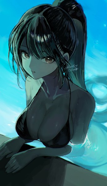 Anime picture 2297x4000 with original kudou (sikisiki0000) single long hair tall image looking at viewer fringe highres breasts light erotic black hair large breasts brown eyes signed payot cleavage ponytail parted lips from above wet