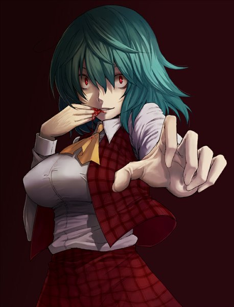 Anime picture 763x1000 with touhou kazami yuuka hiroya juuren (artist) single tall image looking at viewer short hair simple background smile red eyes black background hand to mouth girl skirt blood skirt set