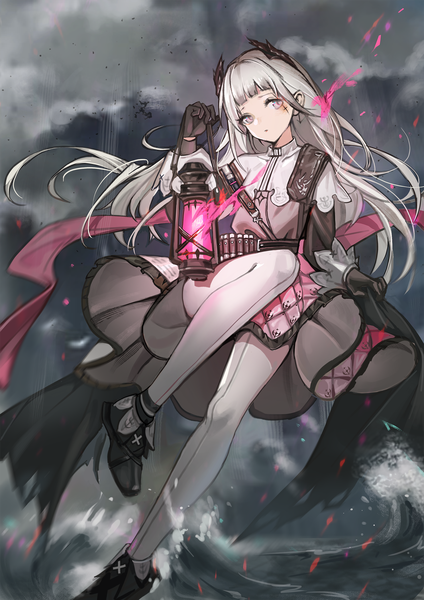 Anime picture 1488x2105 with arknights irene (arknights) haitu single long hair tall image fringe holding looking away silver hair outdoors horn (horns) silver eyes girl gloves earrings pantyhose black gloves sea lantern