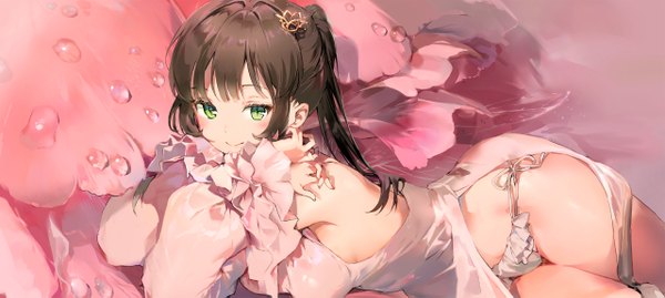 Anime picture 2560x1150 with original anmi single long hair looking at viewer blush fringe highres breasts light erotic smile brown hair wide image green eyes ponytail lying blunt bangs on side slit pupils minigirl