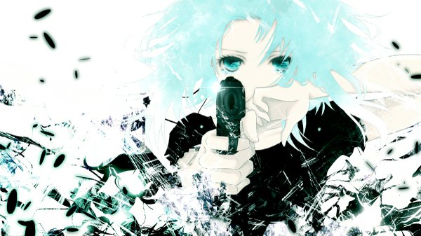 Anime picture 1200x675 with vocaloid gumi aonoe single short hair wide image blue hair aqua eyes girl gun