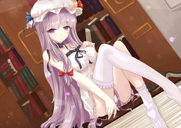 Anime picture 1200x848 with touhou patchouli knowledge white crow single long hair looking at viewer light erotic purple eyes purple hair legs pantyshot sitting girl thighhighs dress bow hair bow white thighhighs book (books) bonnet shelf