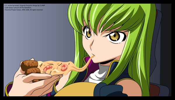 Anime picture 3000x1727 with code geass sunrise (studio) c.c. single long hair highres wide image bare shoulders yellow eyes absurdres green hair eating vector girl choker food pizza