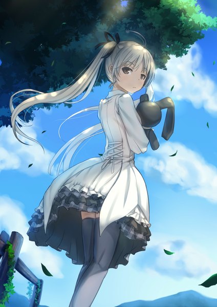 Anime picture 2480x3507 with yosuga no sora kasugano sora poly single long hair tall image highres twintails brown eyes sky cloud (clouds) white hair looking back girl thighhighs dress black thighhighs leaf (leaves) toy stuffed animal