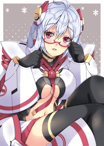 Anime picture 1000x1399 with phantasy star phantasy star online 2 sega matoi (pso2) milkpanda single long hair tall image looking at viewer open mouth light erotic red eyes silver hair girl thighhighs gloves hair ornament black thighhighs black gloves glasses