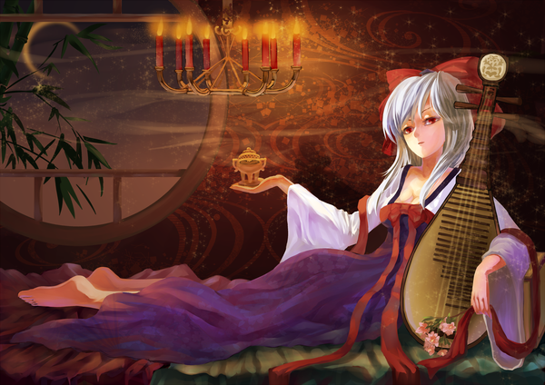 Anime picture 3000x2124 with touhou kamishirasawa keine orangec (artist) single long hair highres red eyes absurdres white hair barefoot night smoke crescent girl bow hair bow musical instrument candle (candles) pipa (instrument)