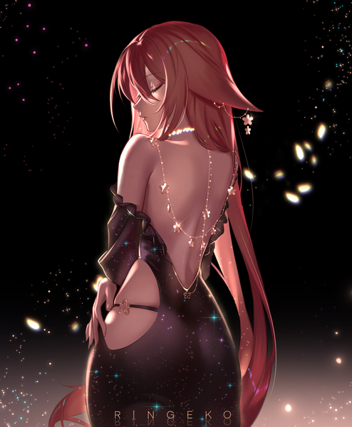 Anime picture 3000x3647 with genshin impact yae miko ringeko-chan single tall image fringe highres light erotic hair between eyes standing signed animal ears pink hair eyes closed very long hair profile from behind off shoulder sparkle hand on hip
