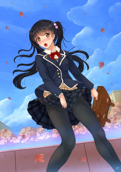 Anime picture 1446x2046 with original kazeno single long hair tall image blush open mouth black hair twintails brown eyes wind lift girl uniform school uniform pantyhose black pantyhose school bag