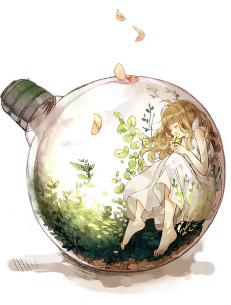 Anime picture 1900x2500 with original suzukiko single long hair tall image blush fringe highres blonde hair simple background white background sitting bent knee (knees) eyes closed barefoot no shoes wavy hair girl dress flower (flowers)