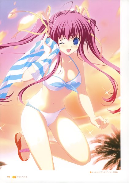 Anime picture 2454x3501 with lyrical lyric asakura nanao mikeou single long hair tall image looking at viewer highres open mouth blue eyes light erotic twintails bare shoulders absurdres red hair :d one eye closed barefoot wink legs