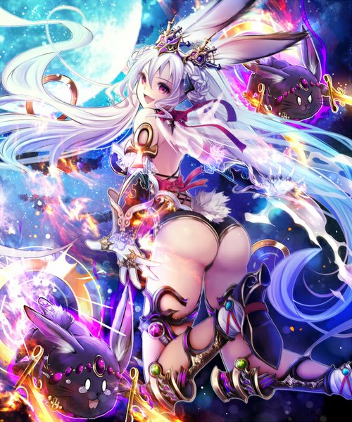 Anime picture 666x800 with kamigoku no valhalla gate aoi (kirabosi105) long hair tall image open mouth light erotic bare shoulders animal ears bent knee (knees) ass white hair tail braid (braids) animal tail pink eyes looking back official art bunny ears tears twin braids