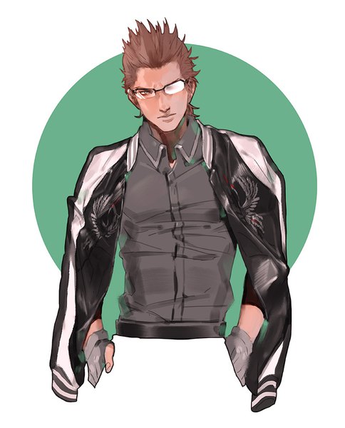 Anime picture 807x1000 with final fantasy final fantasy xv square enix ignis scientia 111111111 (leiyao) single tall image looking at viewer short hair brown hair white background upper body open jacket clothes on shoulders hands in pockets boy shirt glasses jacket grey shirt
