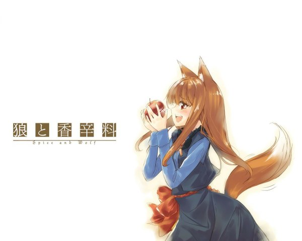 Anime picture 1280x1024 with spice and wolf horo single blush open mouth smile red eyes brown hair white background holding animal ears tail :d animal tail profile teeth hieroglyph girl bow fruit