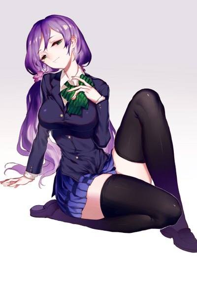 Anime picture 900x1350 with love live! school idol project sunrise (studio) love live! toujou nozomi aya (547972106) single long hair tall image fringe breasts smile twintails green eyes looking away purple hair bent knee (knees) pleated skirt arm support zettai ryouiki low twintails