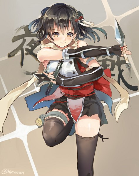 Anime picture 670x850 with kantai collection sendai light cruiser himuro (dobu no hotori) single tall image black hair smile bare shoulders yellow eyes pleated skirt two side up zettai ryouiki gradient background crossed arms fighting stance leg up girl thighhighs skirt gloves