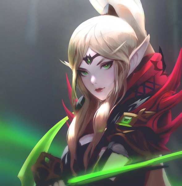 Anime picture 3426x3489 with world of warcraft blizzard entertainment valeera sanguinar majo single long hair tall image looking at viewer highres blonde hair green eyes payot absurdres ponytail pointy ears lipstick red lipstick girl weapon circlet