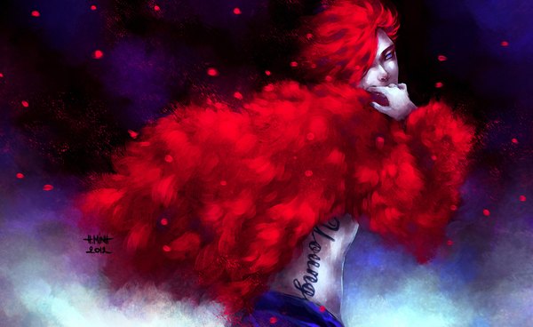 Anime picture 2366x1452 with nanfe single highres short hair blue eyes wide image red hair nail polish inscription tattoo boy
