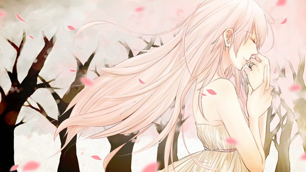 Anime picture 1000x563 with vocaloid megurine luka yoshioka mizuki single long hair smile wide image bare shoulders pink hair eyes closed profile wind girl dress plant (plants) petals tree (trees) white dress jewelry ring