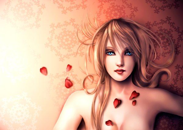 Anime picture 4000x2848 with gothic-icecream single long hair highres blonde hair absurdres lying aqua eyes lips realistic girl petals