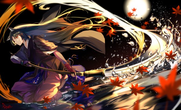 Anime picture 2854x1736 with arknights saga (arknights) kawausoman single long hair highres black hair red eyes wide image signed traditional clothes japanese clothes profile girl weapon animal water leaf (leaves) moon full moon