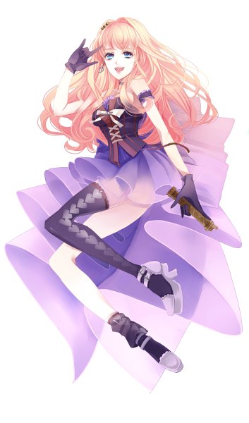 イラスト 706x1200 と マクロス マクロス Frontier sheryl nome りゅう ソロ 長髪 長身像 カメラ目線 前髪 開いた口 青い目 simple background 金髪 白背景 肩出し 全身 wavy hair jumping 女の子 ストッキング