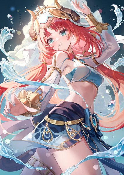 Anime picture 1200x1688 with genshin impact nilou (genshin impact) senkou noah single long hair tall image blush fringe light erotic twintails looking away red hair blunt bangs long sleeves parted lips arm up horn (horns) aqua eyes midriff low twintails