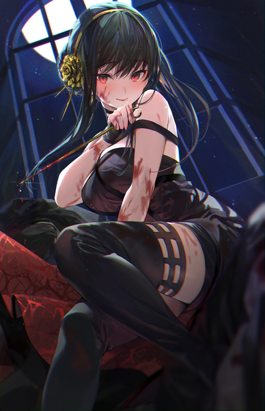 Anime picture 900x1391 with spy x family yor briar ouri (aya pine) single long hair tall image looking at viewer fringe light erotic black hair smile hair between eyes red eyes sitting holding indoors night night sky anaglyph blood on face