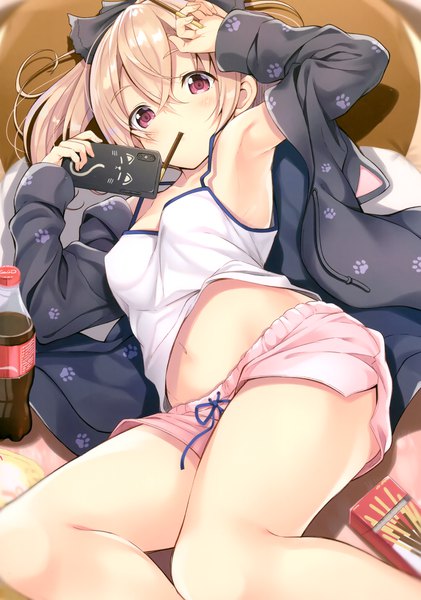 Anime picture 2057x2934 with original coca-cola nozomi tsubame single long hair tall image looking at viewer blush fringe highres light erotic blonde hair hair between eyes red eyes holding bent knee (knees) ponytail indoors lying long sleeves