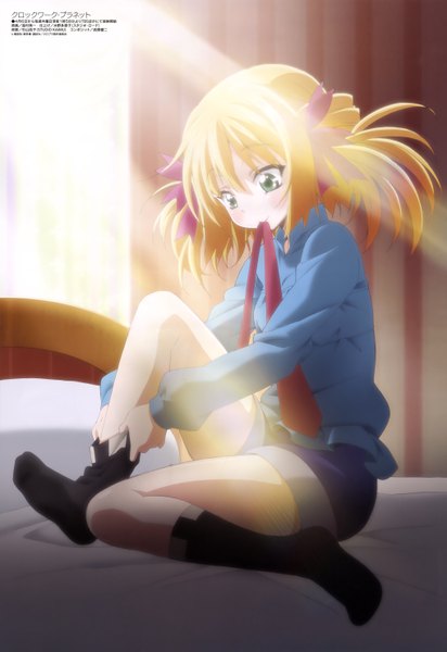 Anime picture 4071x5923 with clockwork planet megami magazine marie bell breguet shimamura hidekazu single tall image blush fringe highres short hair blue eyes blonde hair smile holding absurdres indoors sunlight official art mouth hold sunbeam