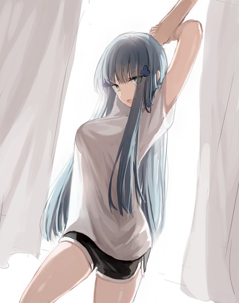 Anime picture 2503x3170 with girls frontline hk416 (girls frontline) seorang single long hair tall image looking at viewer fringe highres breasts open mouth blue eyes light erotic indoors blunt bangs :d grey hair arms up girl hair ornament