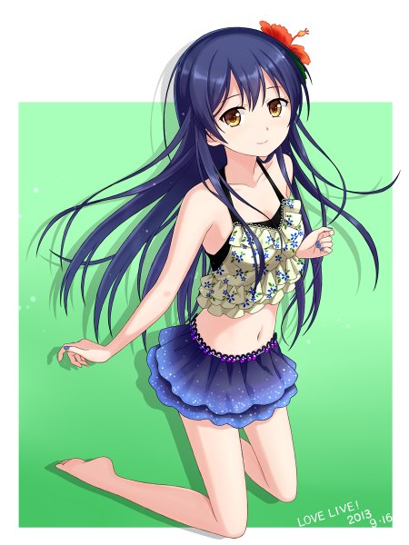 Anime picture 900x1200 with love live! school idol project sunrise (studio) love live! sonoda umi tucana single long hair tall image looking at viewer bare shoulders yellow eyes blue hair hair flower girl hair ornament flower (flowers) miniskirt