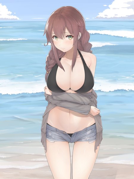Anime picture 1353x1800 with kantai collection noshiro light cruiser urigarasu single long hair tall image looking at viewer blush breasts light erotic brown hair large breasts standing bare shoulders green eyes payot sky cloud (clouds) braid (braids) long sleeves