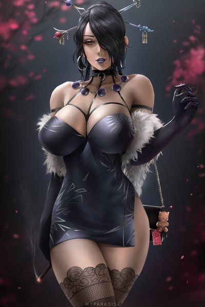 Anime picture 3360x5040 with final fantasy final fantasy x square enix moogle lulu wtparadiseart single tall image looking at viewer fringe highres short hair breasts light erotic black hair red eyes large breasts standing bare shoulders holding