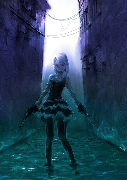 Anime picture 2121x3000 with original chevasis (artist) single long hair tall image highres red eyes absurdres silver hair girl thighhighs dress gloves weapon water gun building (buildings) knife pistol wall