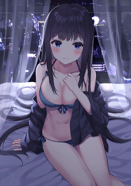 Anime picture 848x1200 with original ruda (ruda e) single tall image looking at viewer blush fringe breasts blue eyes light erotic black hair large breasts sitting indoors blunt bangs very long hair light smile night open shirt thighs