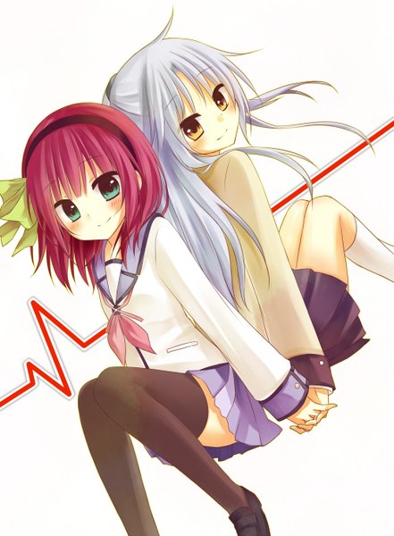 Anime picture 1000x1360 with angel beats! key (studio) tachibana kanade nakamura yuri amane kurumi long hair tall image looking at viewer blush short hair simple background smile white background sitting multiple girls green eyes yellow eyes pink hair grey hair holding hands