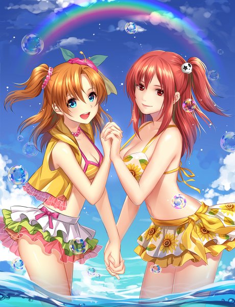Anime picture 1000x1303 with love live! school idol project dead or alive sunrise (studio) love live! kousaka honoka honoka (doa) moyu long hair tall image looking at viewer blush breasts open mouth blue eyes light erotic red eyes multiple girls sky cloud (clouds) red hair