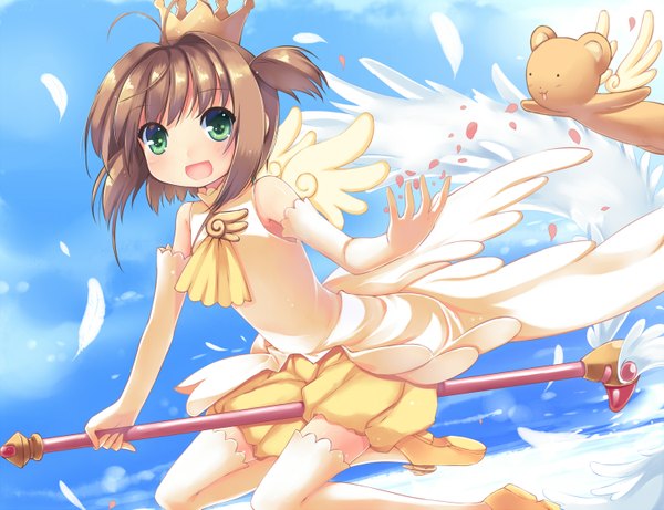 Anime picture 1500x1153 with card captor sakura clamp kinomoto sakura kero (cardcaptor sakura) liong (artist) short hair open mouth brown hair green eyes sky loli two side up magic flying girl thighhighs dress gloves animal petals