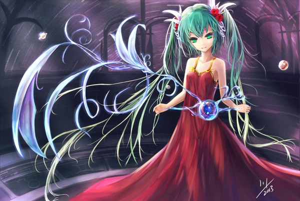 Anime picture 2232x1494 with vocaloid hatsune miku wangchuan de quanyan single long hair looking at viewer highres twintails signed hair flower aqua eyes aqua hair magic girl dress hair ornament