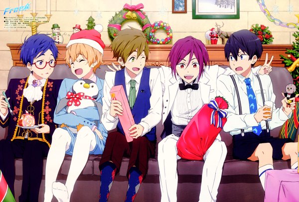 Anime picture 10126x6868 with free! kyoto animation matsuoka rin nanase haruka (free!) tachibana makoto hazuki nagisa ryugazaki rei iwatobi-chan morimoto chinatsu fringe highres short hair open mouth blue eyes black hair blonde hair hair between eyes red eyes brown hair sitting