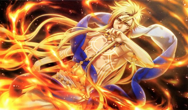 Anime picture 4856x2848 with kamigami no asobi brains base (studio) apollo agane belea yone kazuki single long hair looking at viewer fringe highres blonde hair wide image yellow eyes absurdres muscle shirtless boy navel necklace fire