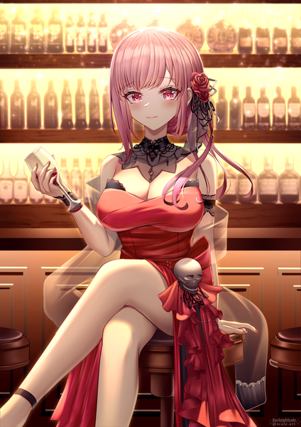 Anime picture 2315x3274 with virtual youtuber hololive hololive english mori calliope mori calliope (3rd costume) rayleigh scale single long hair tall image looking at viewer blush fringe highres breasts smile large breasts sitting holding signed pink hair