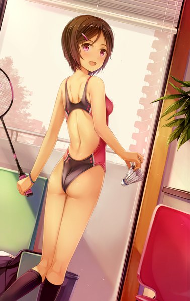 Anime picture 740x1175 with original yokaze japan single tall image blush fringe short hair breasts open mouth light erotic brown hair standing holding looking away ass indoors :d pink eyes looking back from behind