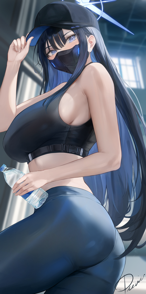 Anime picture 2132x4299 with blue archive saori (blue archive) preview (preview0) single long hair tall image looking at viewer blush fringe highres breasts blue eyes light erotic black hair hair between eyes large breasts standing signed ass multicolored hair