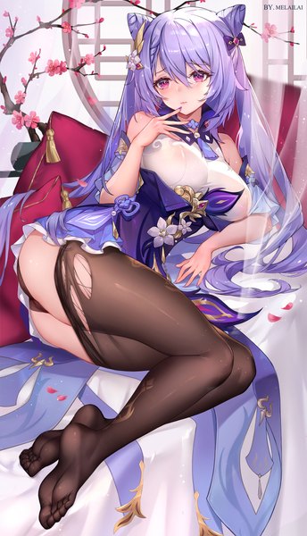 Anime picture 1500x2613 with genshin impact keqing (genshin impact) melailai single long hair tall image looking at viewer blush fringe breasts light erotic hair between eyes large breasts twintails bare shoulders signed payot purple hair full body bent knee (knees)