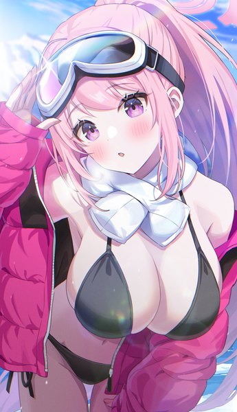 Anime-Bild 2459x4274 mit blue archive eimi (blue archive) eimi (swimsuit) (blue archive) momomoi momoi single long hair tall image looking at viewer blush fringe highres breasts open mouth light erotic hair between eyes pink hair ponytail long sleeves head tilt pink eyes
